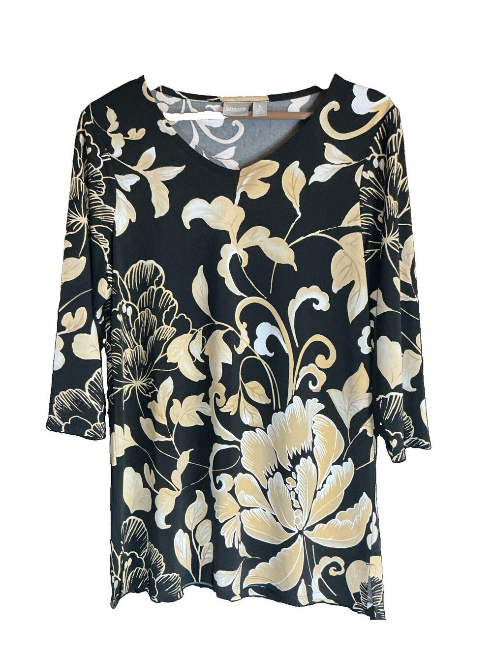 Chico's Sz 1 Black/Beige/White Floral V-Neck 3/4 Sleeve Knit Tunic Top Sz 8 Med.
